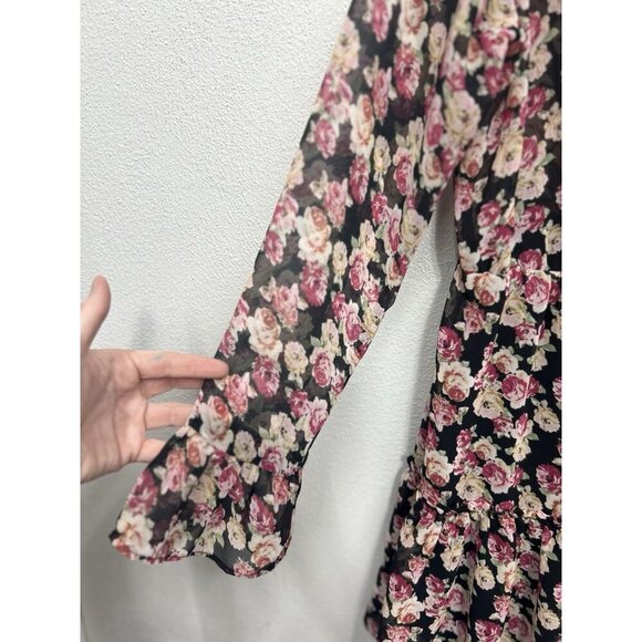 Zara Floral Mini Dress SMALL Button Front Long Sleeve Lightweight Ruffle Collar - Picture 5 of 8